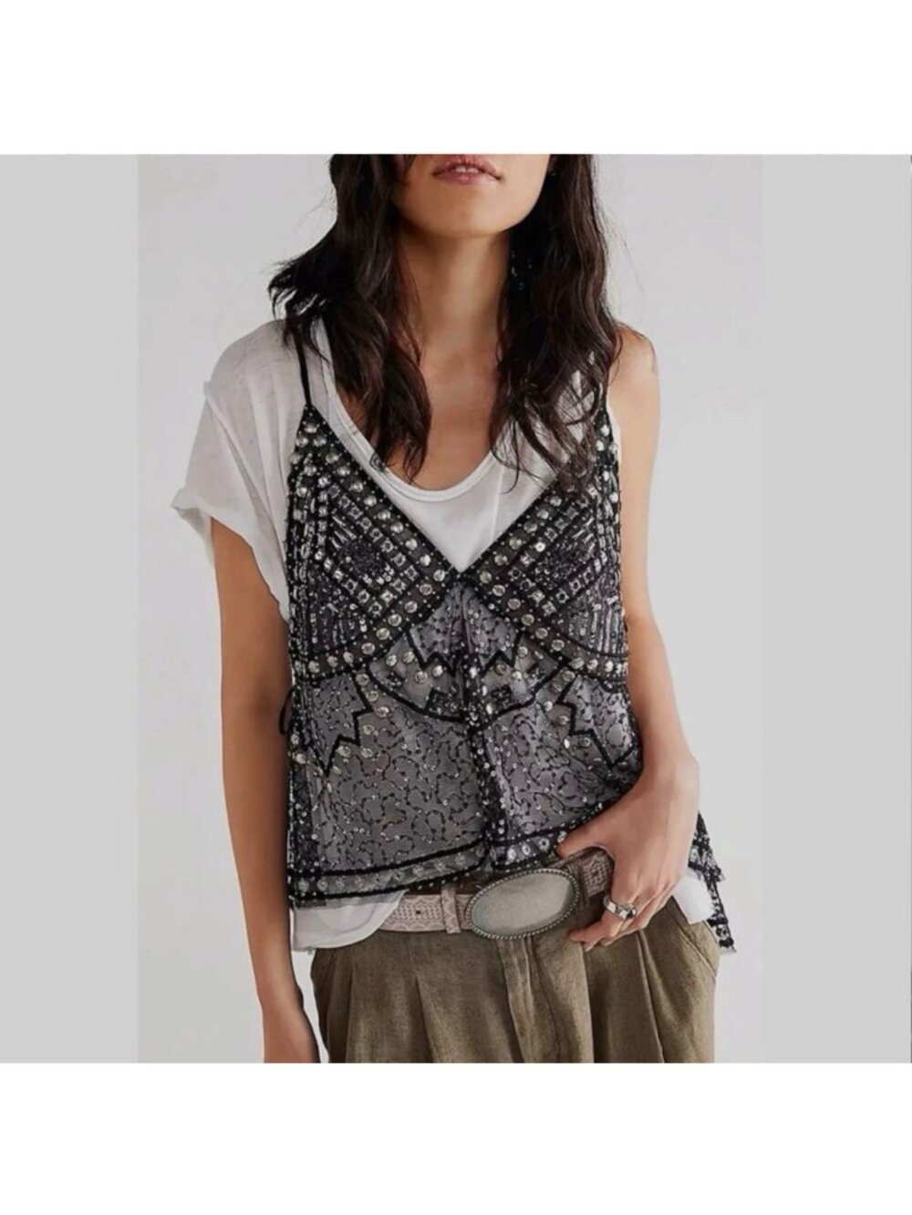 Women Y2K Sequined Lace Tank Top Black S M L Sparkling Beads Rhinestones V-neck